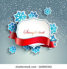 Frame for text in a vintage style with a ribbon against the background paper snowflakes and snow