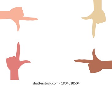 Frame for text with white background with hands. Hands of people of different races. Dark and light skin color. Racism, racial discrimination. Community of people of different races. Flat vector 