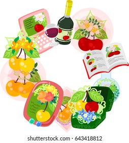 The frame that is made with various cherry objects
