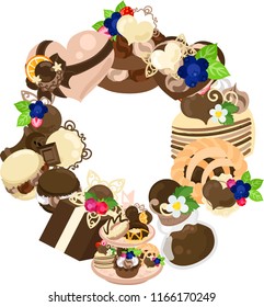 The frame that is made with various miscellaneous goods of chocolate sweets