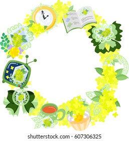 The frame that is made with various miscellaneous goods of yellow flowers