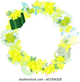 The frame that is made with various miscellaneous goods of yellow flowers