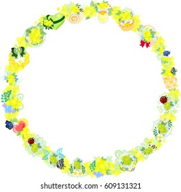 The frame that is made with various miscellaneous goods of yellow flowers