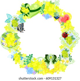 The frame that is made with various miscellaneous goods of yellow flowers