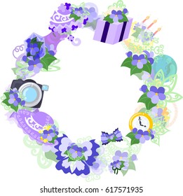 The frame that is made with various miscellaneous goods of violet
