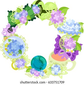 The frame that is made with various miscellaneous goods of hydrangea