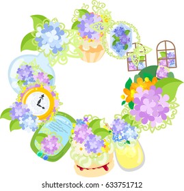 The frame that is made with various miscellaneous goods of hydrangea