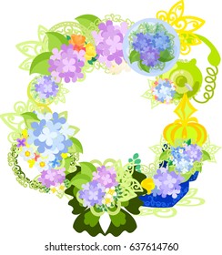 The frame that is made with various miscellaneous goods of hydrangea