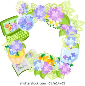 The frame that is made with various miscellaneous goods of hydrangea