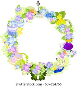 The frame that is made with various miscellaneous goods of hydrangea