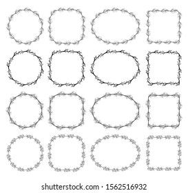frame theme of branches and leaves of plants. border with floral style. black delimiter with isolated white background.
