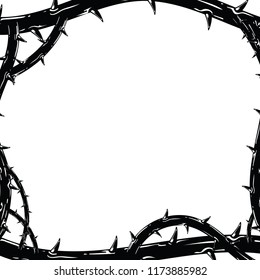 Frame of thorns, border for the Lent season, graphic element, black and white vector illustration.