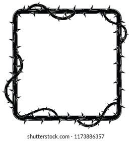 Frame of thorns, border for the Lent season, graphic element, black and white vector illustration.