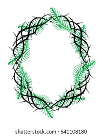 Frame of thorns, crown of thorns with interlaced palm branches, background border for the Lent season, graphic element, vector illustration.