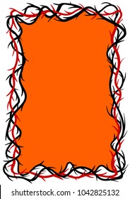 Frame of thorns, graphic element, black, orange and white vector illustration.  