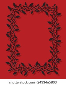 frame of thorns with leaves isolated on red background