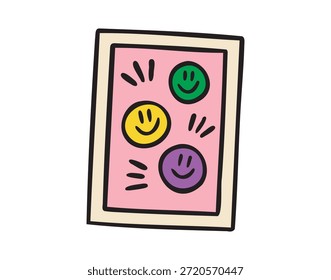Marco con tres caras sonrientes cartel, colorido doodle escolar, dibujado a mano. Ilustración vectorial.