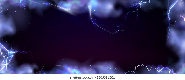 Frame from thunder lightning blue purple smoke on dark background. Natural energy border with thunderbolt light or electric energy sparkle. Realistic 3d vector storm flash power or magic wizard bg.