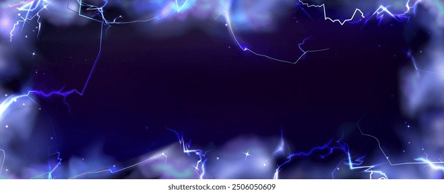 Frame from thunder lightning blue purple smoke on dark background. Natural energy border with thunderbolt light or electric energy sparkle. Realistic 3d vector storm flash power or magic wizard bg.