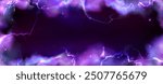 Frame from thunder lightning and purple smoke on dark background. Natural energy border with thunderbolt light or electric energy sparkle. Realistic 3d vector storm flash power or magic wizard bg.