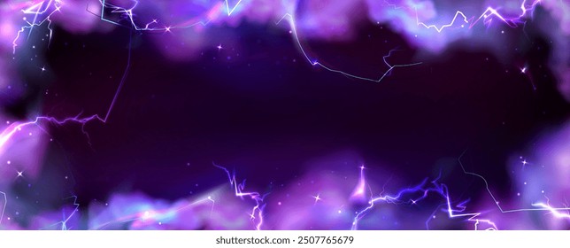 Frame from thunder lightning and purple smoke on dark background. Natural energy border with thunderbolt light or electric energy sparkle. Realistic 3d vector storm flash power or magic wizard bg.