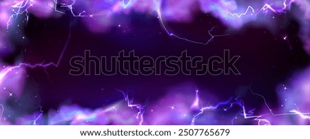 Frame from thunder lightning and purple smoke on dark background. Natural energy border with thunderbolt light or electric energy sparkle. Realistic 3d vector storm flash power or magic wizard bg.