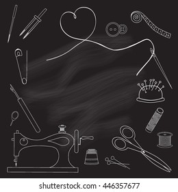 Frame tool for embroidery, drawn in chalk on a blackboard. The sewing machine, scissors, needle, thread, needle bar, pin, thimble, bobbin, buttons. White on black. Vector illustration.