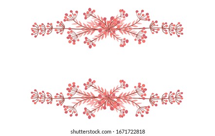 Frame top and bottom hand drawn red tree branches with leaves and berries botanical flowers floral hand drawn scandinavian style art design element flat vector illustration