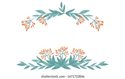 Frame top and bottom hand drawn tree branches with leaves and berries botanical flowers floral hand drawn scandinavian style art design element flat vector illustration
