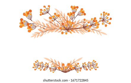 Frame top and bottom hand drawn orange tree branches with leaves and berries botanical flowers floral hand drawn scandinavian style art design element flat vector illustration