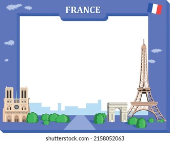 Frame with tourist objects France. Attractions of France. Vector art illustration