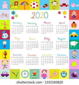 Frame with toys. 2020 calendar for kids