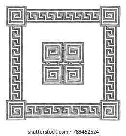 Frame with traditional ancient greek border. Meander. Illustration in vintage engraving style.
