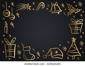 Frame of traditional Christmas hand drawn doodle elements. Spruce tree, snowflakes, gift boxes, decorations, holly, falling star, sock, Santa hat. Vector border illustration in sketchy style.