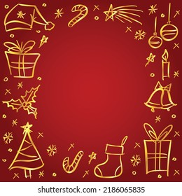 Frame with traditional Christmas hand drawn doodle elements in golden over red. Blank winter holidays border. Spruce tree, snowflakes, decorations, bells and Santa hat. Sketchy vector illustration.
