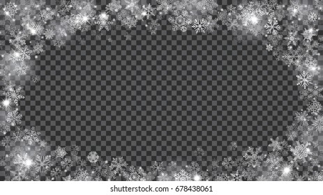 Frame of translucent snowflakes in the shape of ellipse in white colors on transparent background. Transparency only in vector file