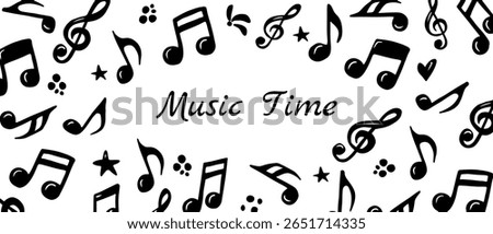 Frame with treble clef and musical notes in black on white background. Hand drawn vector sketch illustration in doodle vintage line art style. Music creation, silhouette drawing, texture