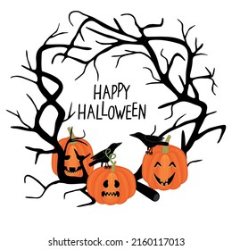 Frame from tree branches, Halloween  pumpkins with cut out faces and black crows.Trick or treat event decoration with hand lettered text.Vector flat cartoon isolated illustration for autumn holydays.
