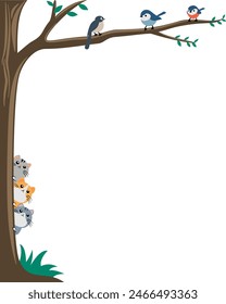 Frame of a tree with three cats hiding behind the trunk and looking up at three birds on the branches