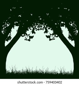 Frame of tree trunks and branches with foliage in retro style with space for text - vector