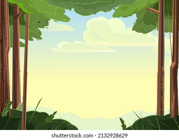 Frame trees. Barrels and branches of plants. Coniferous pines. Beautiful pine forest. Wild floral landscape. Illustration in cartoon style flat design. Vector.