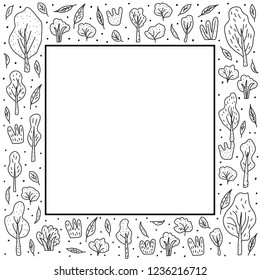 Frame with  trees and bushes.  Square border for card, banner, social media network. Vector illustration of doodle  style elements.