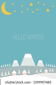 Frame of trees,  houses, moon, stars and mountains. Vector illustration.