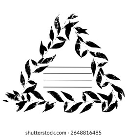 Triângulo de moldura com folhas de textura mal impressa Impressão gasta, impressão angustiada. Ilustração vetorial com faixas para inscrições. Modelo para blocos de anotações, blocos de anotações como página principal. Preto sobre um branco