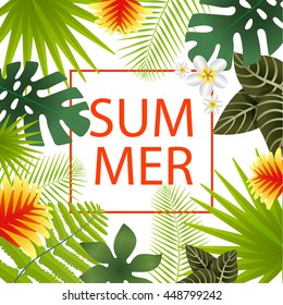 Frame with tropic leaves set decoration and copy space. Can be used for ad, promotion, party invitation, card, flyer, poster, vector illustration