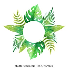 Frame with tropic palm leaves in circle shape. Vector illstration