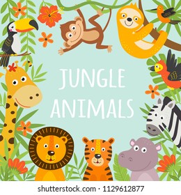 frame with tropical animals and plants -  vector illustration, eps