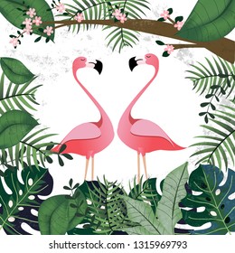 Frame of tropical botanical colorful flower and greenery leaves, pink sweet love of flamingo couple on white,nature background,illustration vector by freehand art for summer garden concept banner 