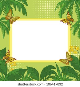 Frame of tropical butterflies, leaves and flowers with a blank white background. Vector
