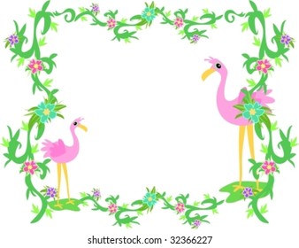 Frame of Tropical Flamingos and Plants Vector